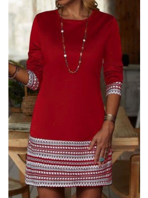 Mossta Bisiklet Yaka Kol Ağzı ve Etek Ucu Baskılı Iki Iplik Elbise Kırmızı