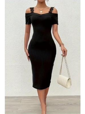 Mossta Düşük Omuz Dantel Askılı Midi Kaşkorse Elbise  - Siyah