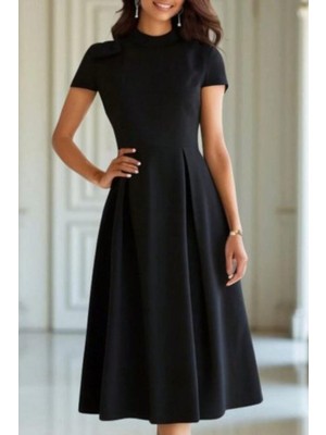 Mossta Balıkçı Yaka Pileli Midi Boy Krep Elbise - Siyah