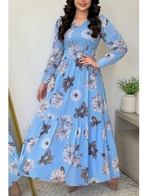 Mossta Uzun Kollu V Yaka Süprem Çiçek Desenli Elbise - Mavi