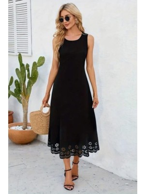 Mossta Etek Ucu Lazer Kesim Çiçek Desenli Midi Boy Elbise Siyah