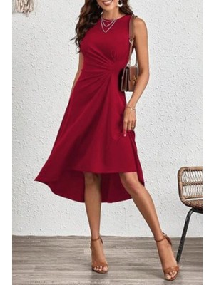 Mossta Bisiklet Yaka Bel Büzgülü Krep Elbise - Kırmızı