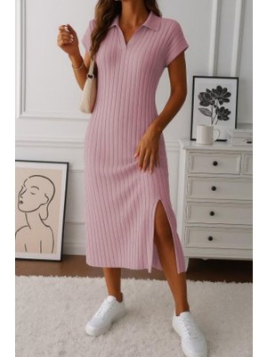 Mossta Polo Yaka Yırtmaç Detaylı Fitilli  Elbise - Pembe