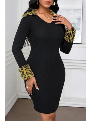 Mossta V Yaka Kürk Detaylı Kaşkorse Elbise  - Siyah