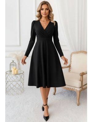 Mossta Siyah Kruvaze Yaka Uzun Kollu Diz Altı Elbise