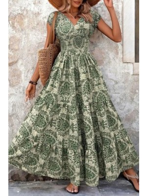 Mossta Desenli Kruvaze Yaka Kısa Kollu Maxi Boy Süprem Elbise - Desenli