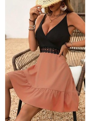 Mossta Kruvaze Yaka Dantel Detaylı Ithal Krep Elbise - Somon