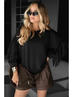 Defy Moda Kadın Uzun Kollu Bisiklet Yaka Kolları Püsküllü Modal Bluz