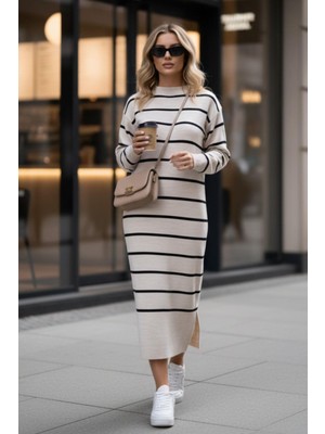 Mossta Rahat Fit Çizgili Uzun Triko Elbise