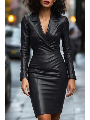 Mossta Kruvaze Yaka Uzun Kollu Deri Elbise - Siyah