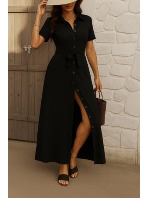 Mossta Kuşak Detaylı Düğmeli Uzun Keten Elbise - Siyah