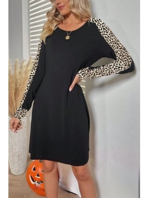 Mossta Kollar Leopar Detay Iki Iplik Mini Boy Elbise Siyah