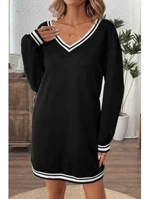 Mossta V Yaka Şerit Detaylı Iki Iplik Viskon Elbise Siyah