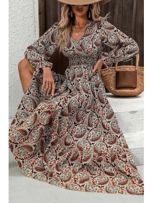 Mossta Uzun Kollu Beli Lastikli Desenli Süprem Elbise - Kahve