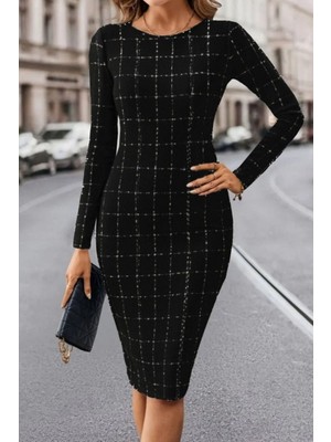 Mossta Uzun Kollu Dokuma Midi Kalem Elbise - Siyah