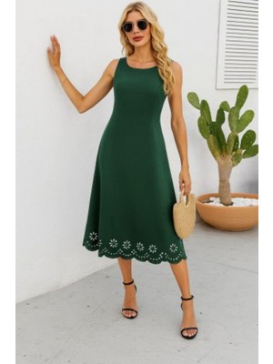 Mossta Etek Ucu Lazer Kesim Çiçek Desenli Midi Boy Elbise - Yeşil