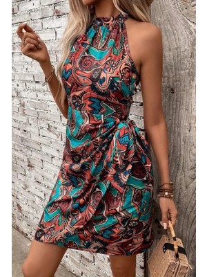 Mossta Otantik Desen Bağlama Detaylı Süprem Elbise Mavi