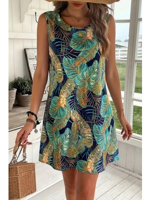 Mossta Kolsuz Yuvarlak Yaka Desenli Süprem Elbise - Yeşil