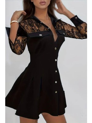 Mossta Önden Düğmeli Cepli Mini Modal Elbise - Siyah