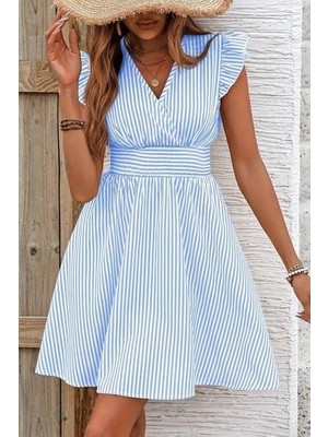 Mossta Fırfırlı Kol Detaylı Çizgili Mini Elbise - Mavi