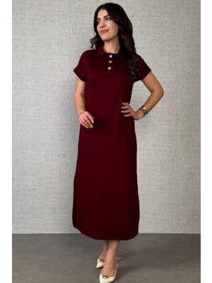 Mossta Polo Yaka Düğme Detaylı Yandan Yırtmaçlı  Uzun Elbise - Bordo