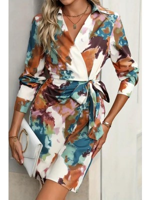 Mossta Yakalı Yandan Bağlamalı Mini Modal Elbise - Desenli