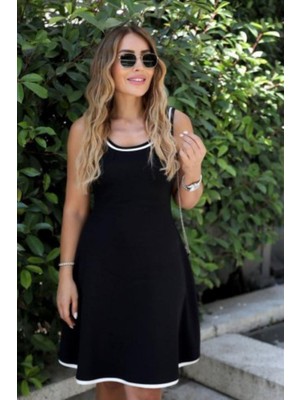 Mossta Yuvarlak Yaka Kolsuz Beyaz Biyeli Mini Elbise - Siyah