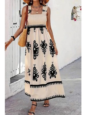 Mossta Kare Yaka Gipe Detaylı Uzun Süprem Elbise - Bej