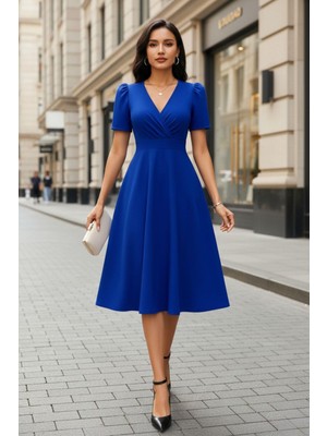 Mossta Saks Mavisi Kruvaze Midi Elbise V Yaka Kısa Kollu Modern Şık Elbise