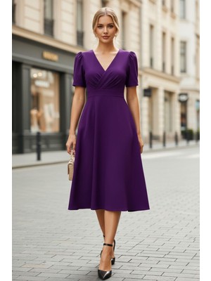 Mossta Mor V Yaka Kruvaze Kısa Kollu Midi Elbise – Günlük & Şık Ofis Modeli