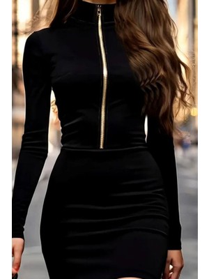 Mossta Balıkçı Yaka Fermuarlı Mini Kadife Elbise - Siyah