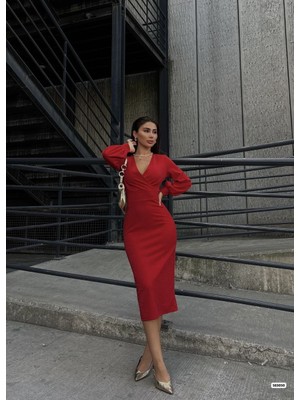 Pusula Sepeti Kadın Kruvaze Yaka Balon Kol Simli Krep Kumaş Midi Boy Elbise