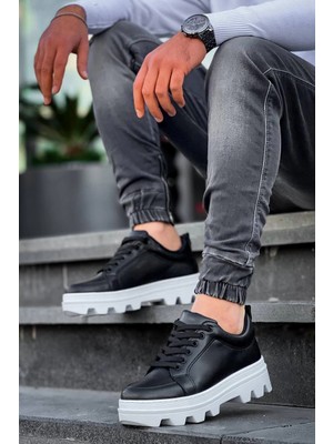 KB-056 Kuback Siyah Cilt Beyaz Yüksek Taban Günlük Spor Ayakkabı
