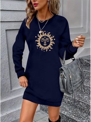 Pusula Sepeti Kadın Uzun Kollu Bisiklet Yaka Güneş Desenli Viskon Iki Iplik Elbise