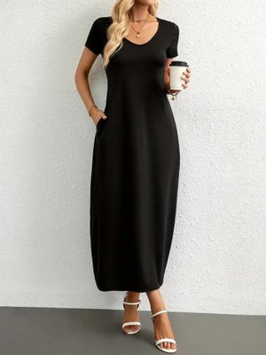 Pusula Sepeti Kadın Kısa Kollu Yakası Yuvarlak Cepli Viskon Elbise