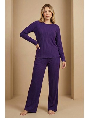 Farya Home Uzun Kollu Bol Paça Yumuşak Şeritli Örme Kaşkorse Pijama Takımı