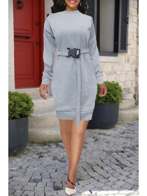 Pusula Sepeti Kadın Uzun Kollu Bisiklet Yaka Kuşaklı Iki Iplik Elbise