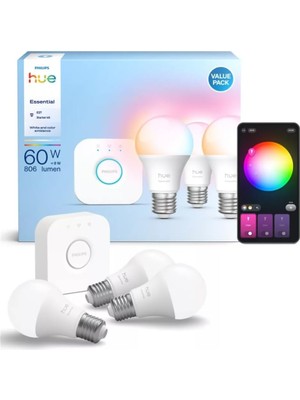 Philips Hue Essential 3'lü E27 Ampul Başlangıç Seti 806 Lumen