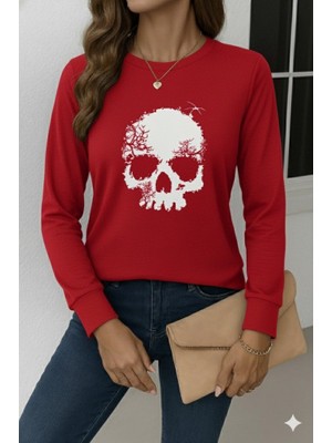 Pusula Sepeti Kadın Uzun Kollu Bisiklet Yaka Kurukafa Desenli Viskon Bluz