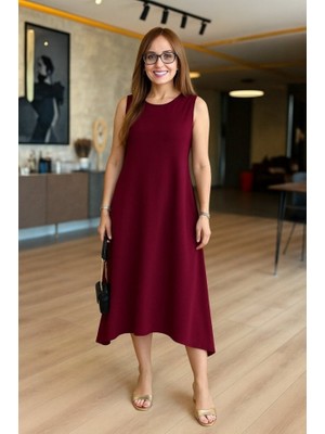 Pusula Sepeti Kadın Askılı Yuvarlak Yakalı Asimetrik Kesim Detaylı Viskon Elbise