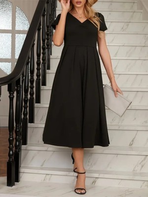 Pusula Sepeti Kadın Kısa Kollu V Yakalı Önden Pileli Midi Janjan Krep Elbise