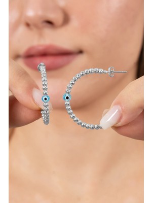 Söğütlü Silver 925 Ayar Gümüş Küpe Rodyumlu Büyük Boy Nazarlı Dorica Halka Küpe SGTL13154RODAJ