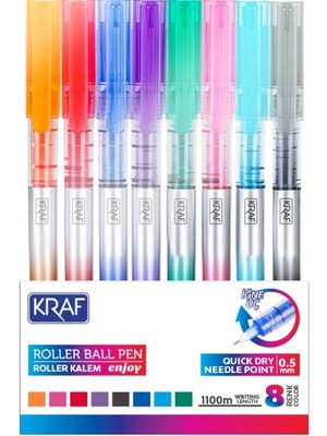 Kraf Enjoy 0.5 Iğne Uçlu Roller Ball Pilot Kalem Seti - 8 Renk