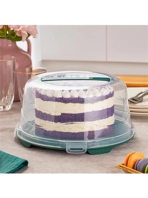AyrStore 1093 Koyu Yeşil Yuvarlak Kek Pasta Börek Saklama Kabı - Kilitli Kapaklı Taşıma Fanusu 25 cm