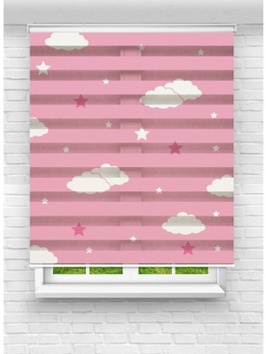 MAS Bulutlu Pembe Yıldız Desenli Zebra Stor Perde - Kız Çocuk Odası Için