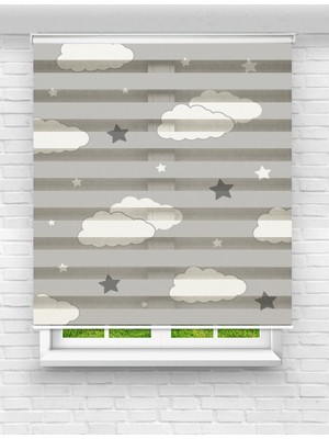 MAS Erkek Çocuk Odası - Gri Bulut ve Yıldız Temalı Desenli Dijital Baskılı Zebra Stor Perde