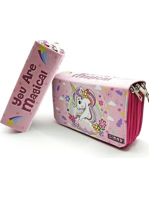 AyrStore Kalem Kutusu Unicorn Bahar Temalı Kawai Organizer Kalemkutu Vegan Deri Üç Bölmeli Kalemlik-