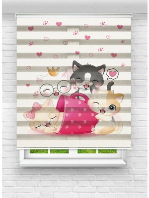 MAS Sevimli Kediler Desenli Zebra Stor Perde - Çocuk Odası Dijital Baskılı Perde