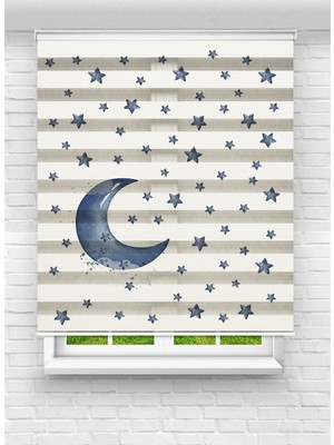 MAS Gece Temalı Ay ve Yıldız Desenli Zebra Stor Perde - Erkek Çocuk Odası Için Perde