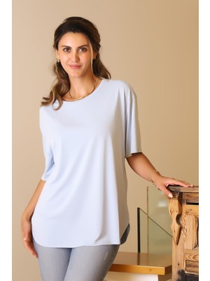Nazen Giyim Basıc Sıfır Yaka Kısa Kollu Mavi  Kadın T-Shirt S0017426-2Y5